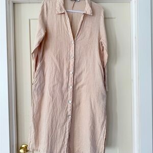 100% linen Button-Up Long Sleeve Dress pink beige with pockets